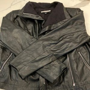 Faux draped front leather jacket with crossed zip. Size 16